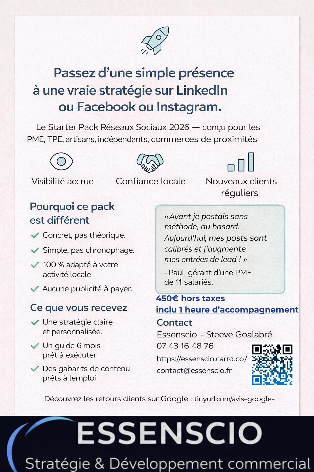 Flyer du Starter Pack Réseaux Sociaux d’Essenscio, présentant un accompagnement concret pour les PME, TPE, indépendants afin de gérer efficacement leurs pages Linkedin, Facebook et Instagram.